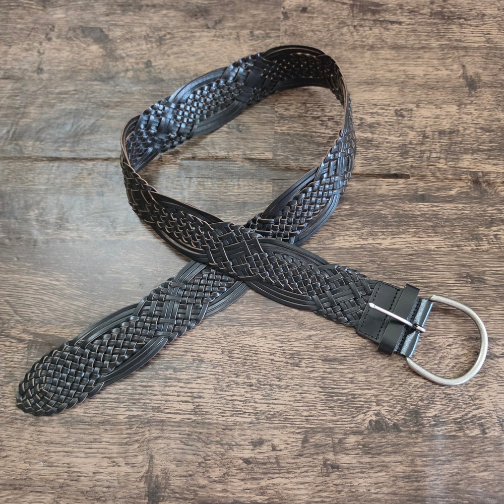 UNBRANDED Braided Belt Womens Large Black Bonded Leather Woven Wide Boho 46in